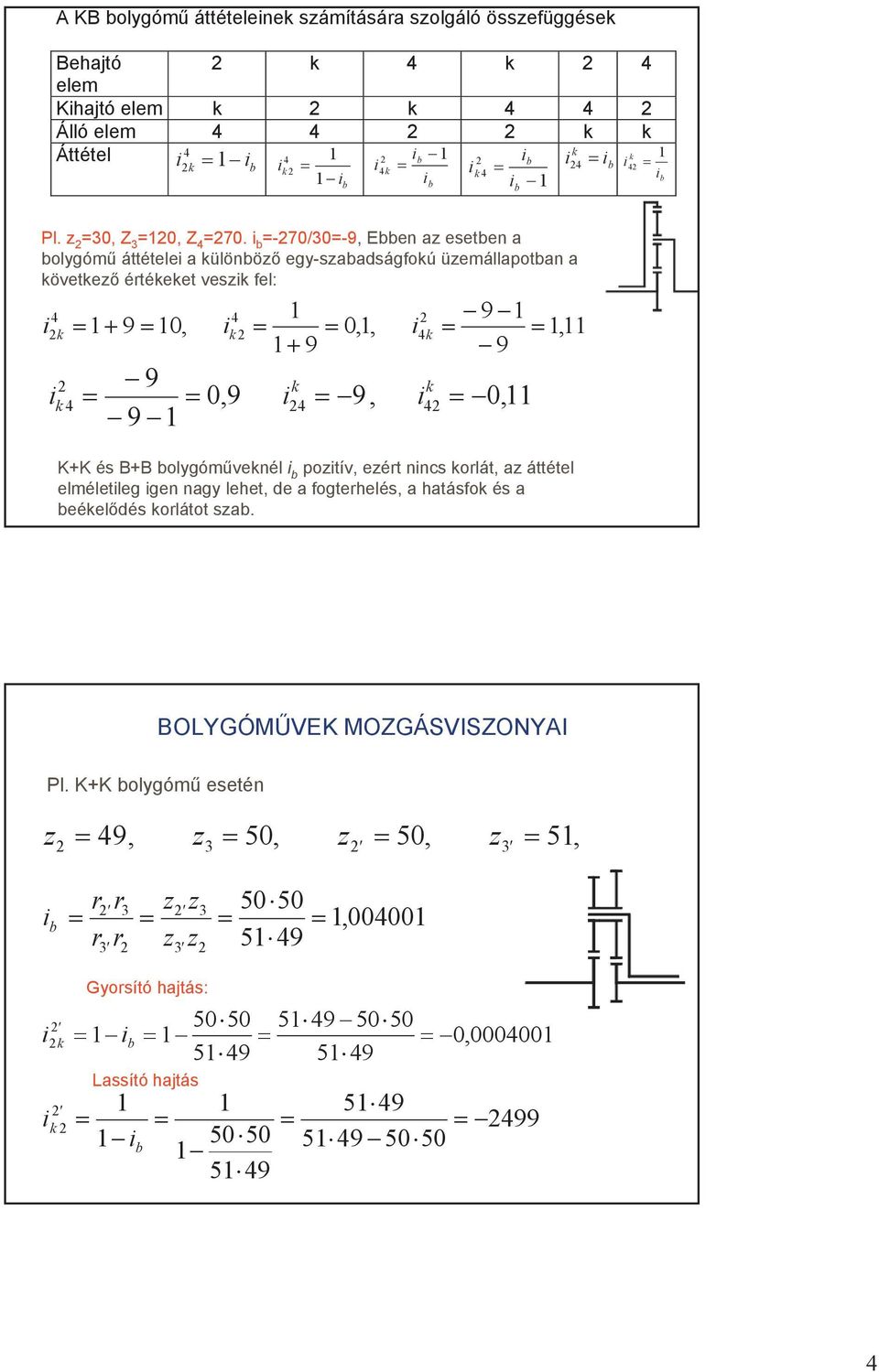 i b =-70/30=-9, Ebben az esetben a bolygóm áttételei a különböz egy-szabadságfokú üzemállapotban a következ értékeket veszik fel: 4 4 9 ik 9 0, ik 0,, i4k, 9 9 9 k k ik 4 0,9 i4 9, i4 0, 9 K+K és