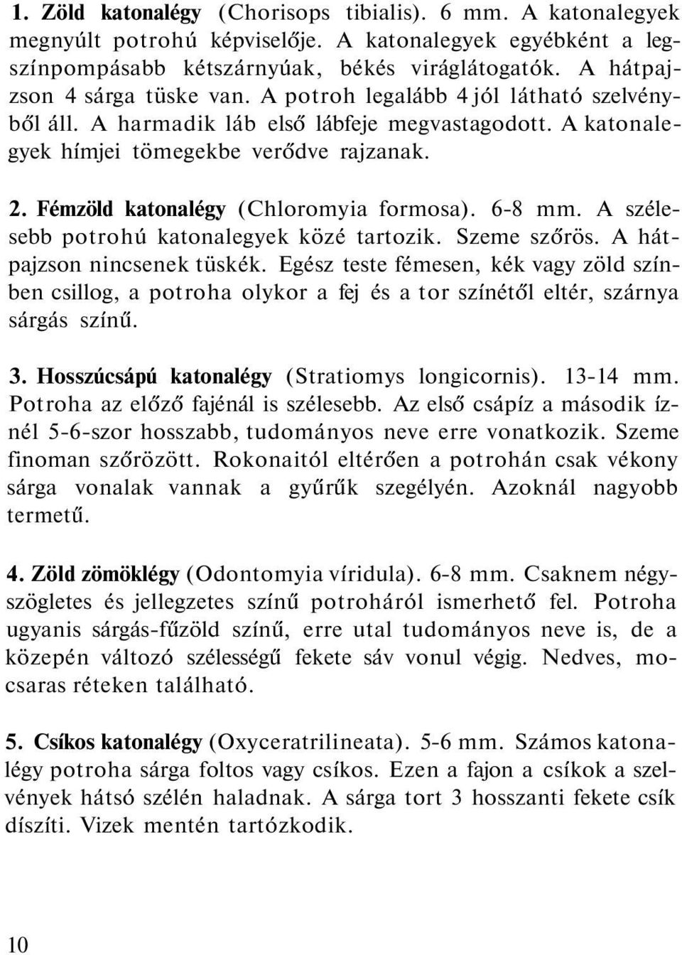 Fémzöld katonalégy (Chloromyia formosa). 6-8 mm. A szélesebb potrohú katonalegyek közé tartozik. Szeme szőrös. A hátpajzson nincsenek tüskék.