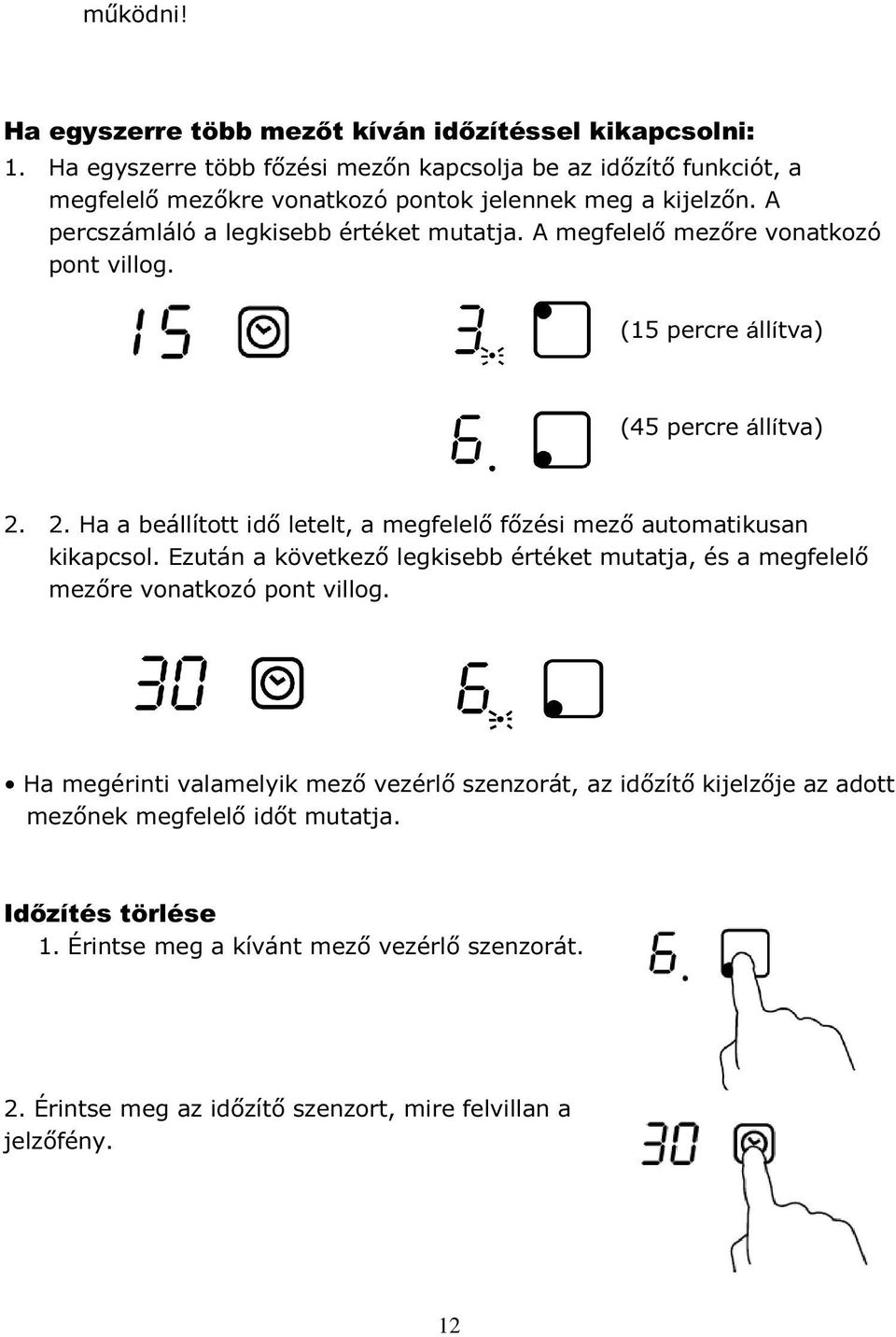 A megfelelő mezőre vonatkozó pont villog. (15 percre állítva) (45 percre állítva) 2. 2. Ha a beállított idő letelt, a megfelelő főzési mező automatikusan kikapcsol.