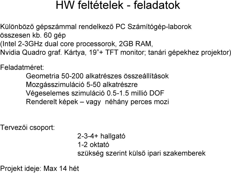 Kártya, 19 + TFT monitor; tanári gépekhez projektor) Feladatméret: Geometria 50-200 alkatrészes összeállítások