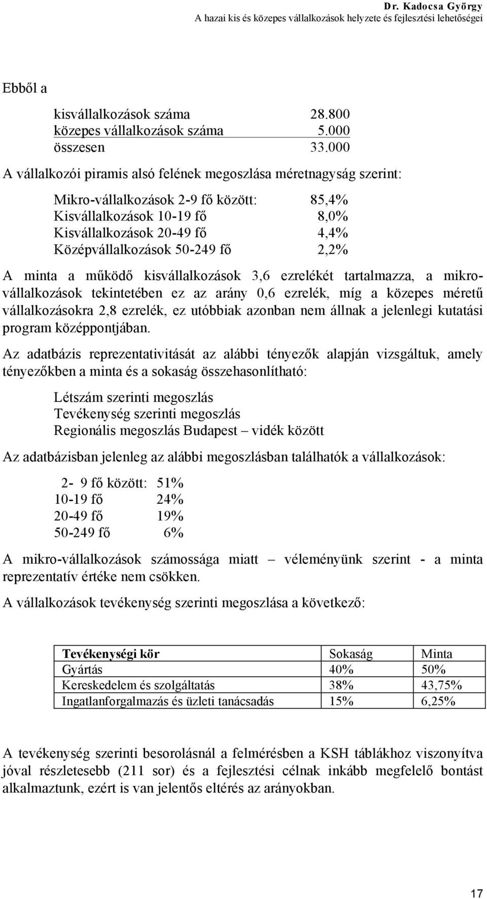 50-249 fő 2,2% A minta a működő kisvállalkozások 3,6 ezrelékét tartalmazza, a mikrovállalkozások tekintetében ez az arány 0,6 ezrelék, míg a közepes méretű vállalkozásokra 2,8 ezrelék, ez utóbbiak