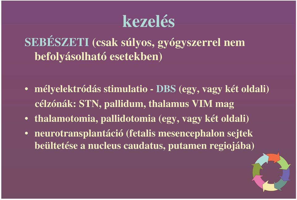 thalamus VIM mag thalamotomia, pallidotomia (egy, vagy két oldali)