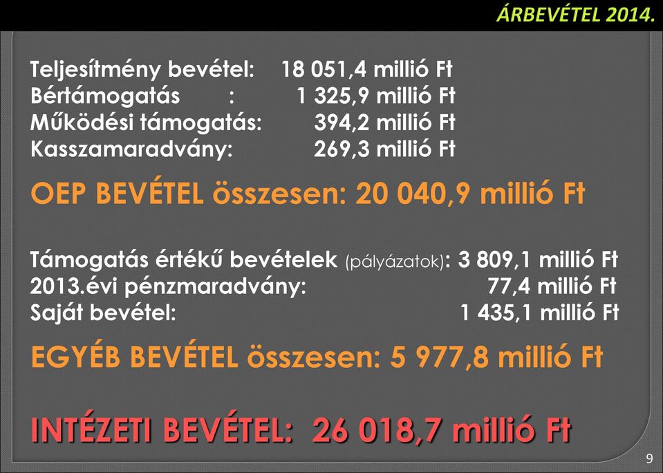 Támogatás értékű bevételek (pályázatok): 3 809,1 millió Ft 2013.