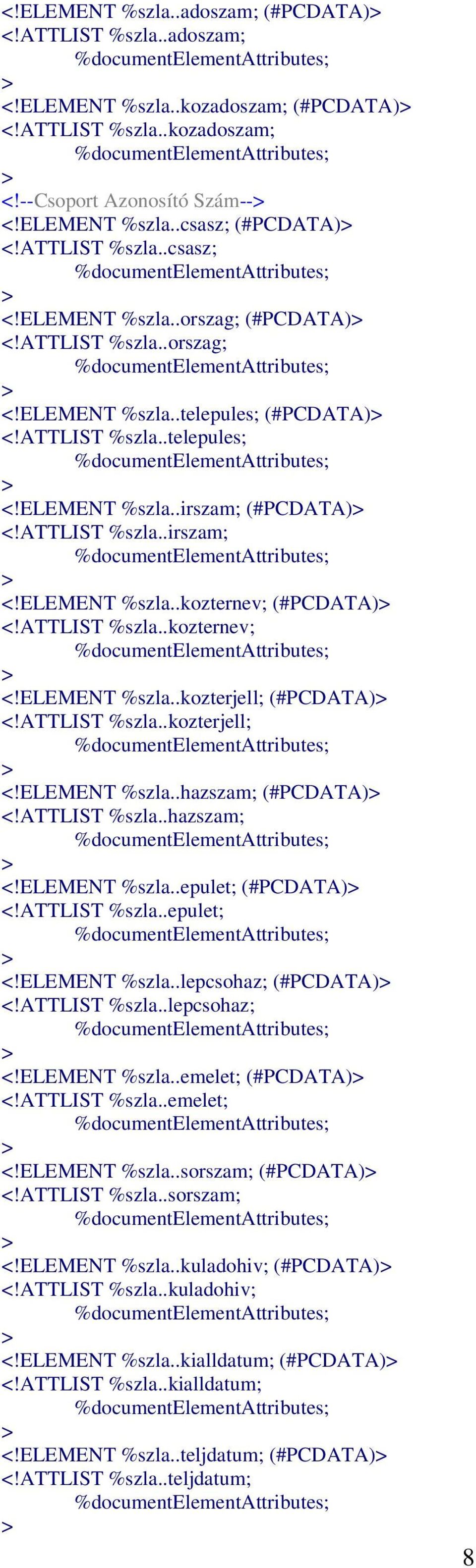 ELEMENT %szla..kozternev; (#PCDATA) <!ATTLIST %szla..kozternev; <!ELEMENT %szla..kozterjell; (#PCDATA) <!ATTLIST %szla..kozterjell; <!ELEMENT %szla..hazszam; (#PCDATA) <!ATTLIST %szla..hazszam; <!