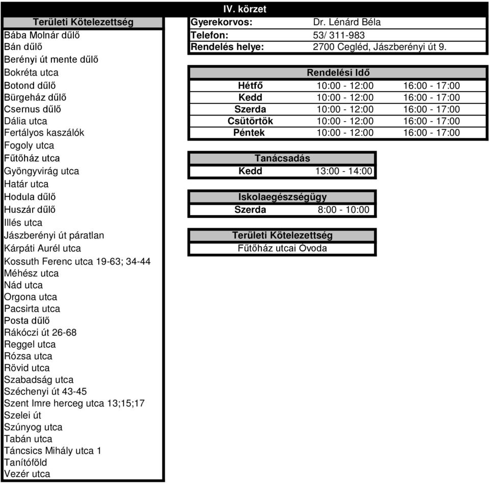 10:00-12:00 16:00-17:00 Fertályos kaszálók Péntek 10:00-12:00 16:00-17:00 Fogoly utca Fűtőház utca Gyöngyvirág utca Tanácsadás Kedd 13:00-14:00 Határ utca Hodula dűlő Iskolaegészségügy Huszár dűlő