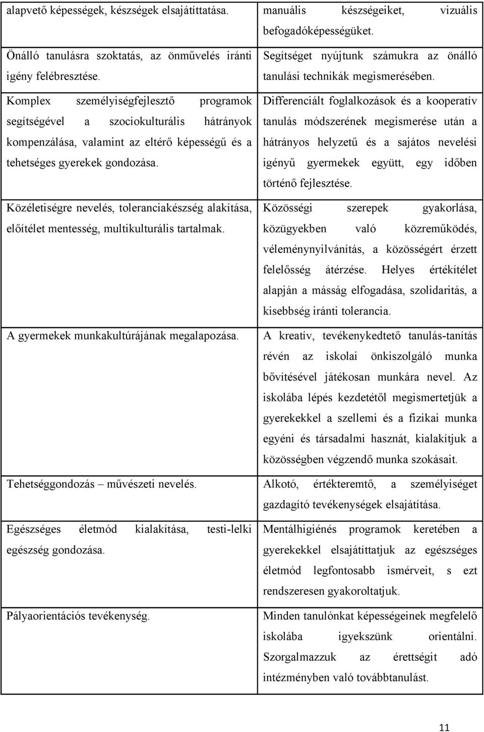 Közéletiségre nevelés, toleranciakészség alakítása, előítélet mentesség, multikulturális tartalmak. A gyermekek munkakultúrájának megalapozása. Tehetséggondozás művészeti nevelés.