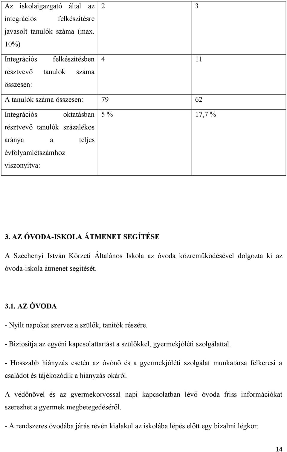 viszonyítva: 5 % 17,7 % 3. AZ ÓVODA-ISKOLA ÁTMENET SEGÍTÉSE A Széchenyi István Körzeti Általános Iskola az óvoda közreműködésével dolgozta ki az óvoda-iskola átmenet segítését. 3.1. AZ ÓVODA - Nyílt napokat szervez a szülők, tanítók részére.