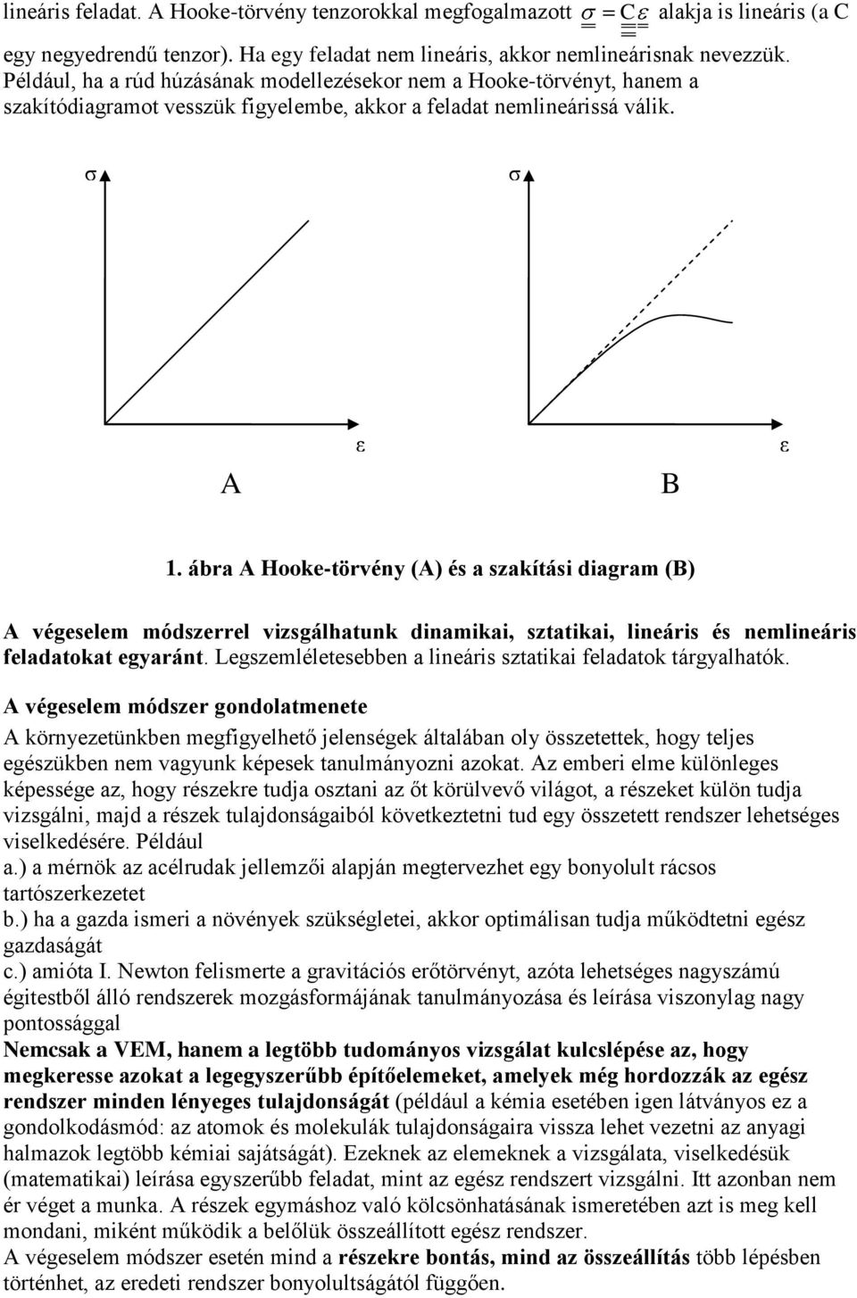 ábra A Hooke-törvény (A) és a szakítási diagram (B) A végeselem módszerrel vizsgálhatnk dinamikai, sztatikai, lineáris és nemlineáris feladatokat egyaránt.