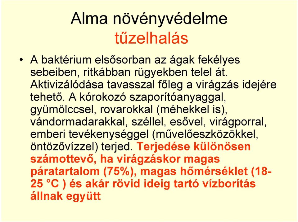 A kórokozó szaporítóanyaggal, gyümölccsel, rovarokkal (méhekkel is), vándormadarakkal, széllel, esővel, virágporral, emberi