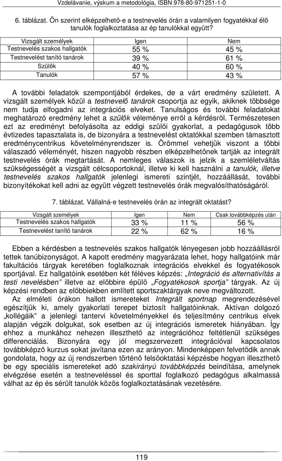 eredmény született. A vizsgált személyek közül a testnevelő tanárok csoportja az egyik, akiknek többsége nem tudja elfogadni az integrációs elveket.