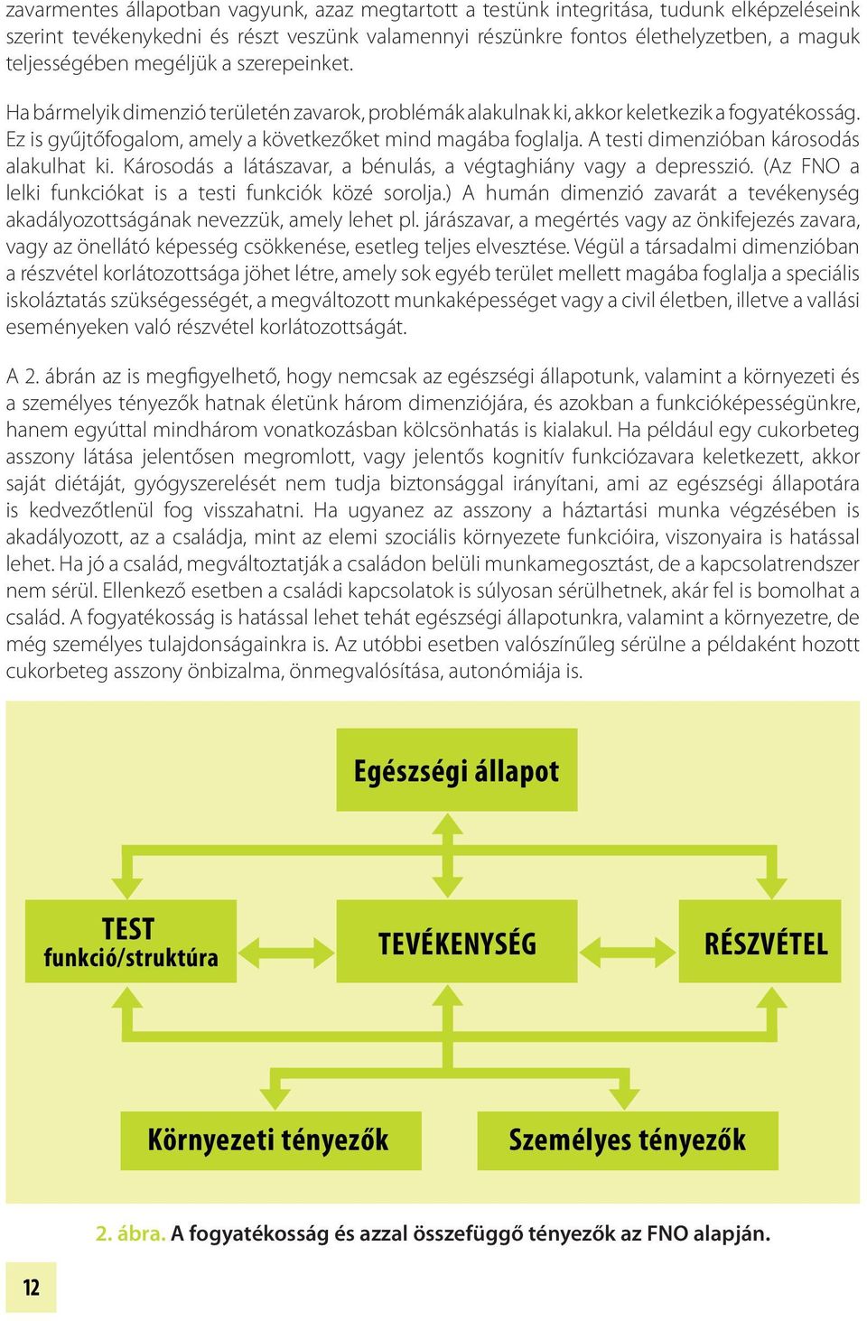 A testi dimenzióban károsodás alakulhat ki. Károsodás a látászavar, a bénulás, a végtaghiány vagy a depresszió. (Az FNO a lelki funkciókat is a testi funkciók közé sorolja.