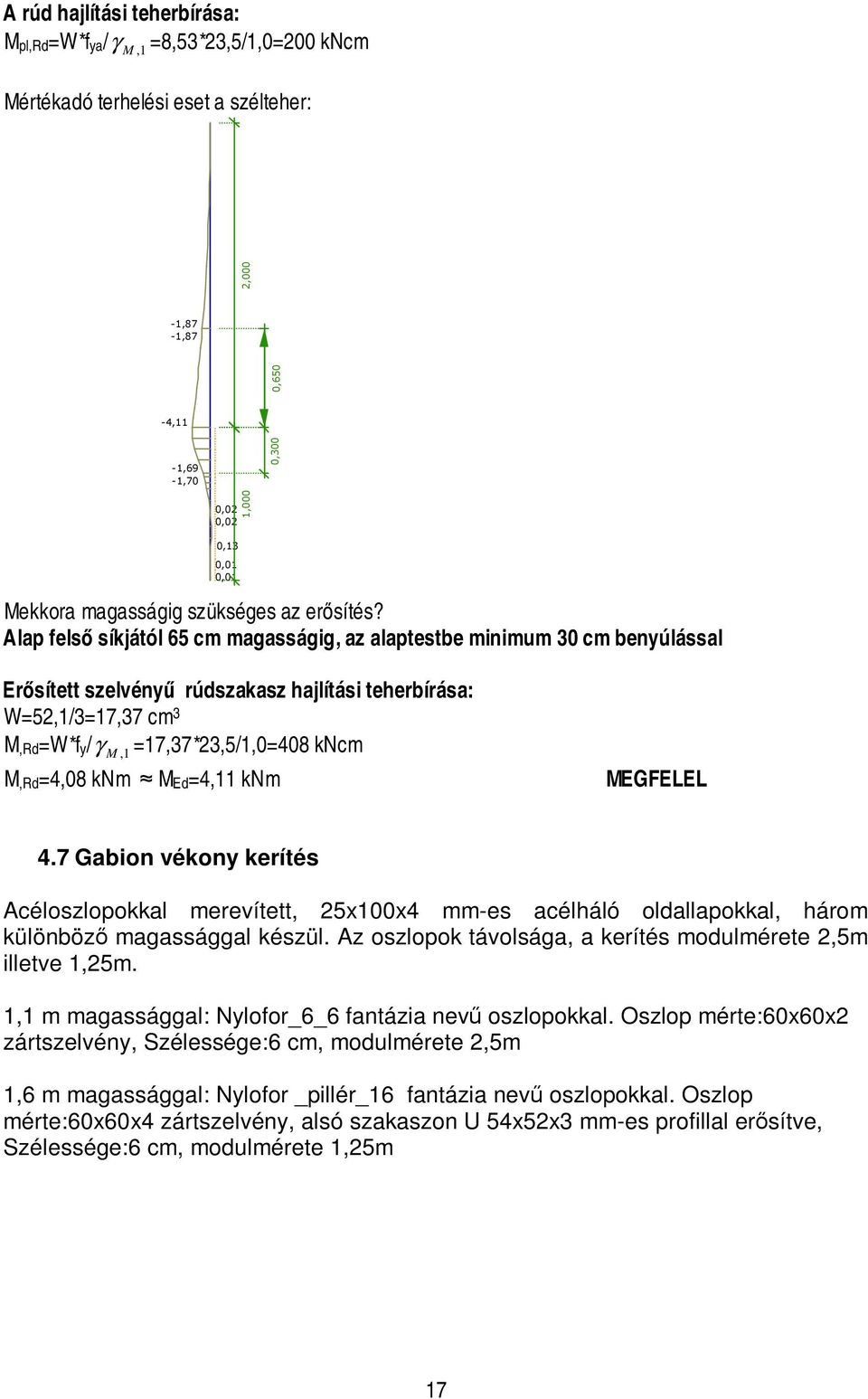 Alap felső síkjától 65 cm magasságig, az alaptestbe minimum 30 cm benyúlással Erősített szelvényű rúdszakasz hajlítási teherbírása: W=52,1/3=17,37 cm 3 M,Rd=W*fy/ γ M, 1 =17,37*23,5/1,0=408 kncm