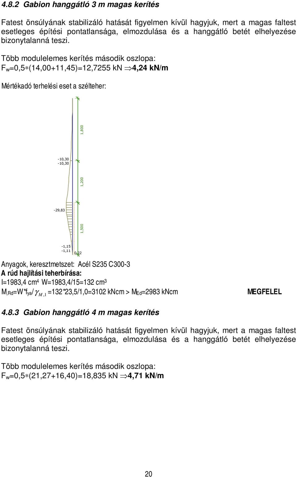 Több modulelemes kerítés második oszlopa: F w =0,5 (14,00+11,45)=12,7255 kn 4,24 kn/m Mértékadó terhelési eset a szélteher: -10,30-10,30-29,83 1,500 1,200 1,800-1,15-1,11 0,22 Anyagok,