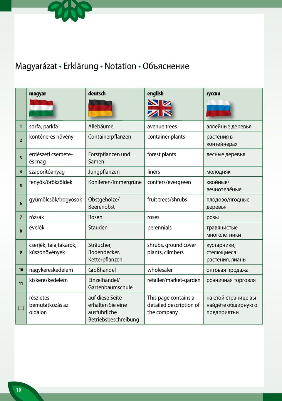 хвойные/ вечноэелёные gyümölcsök/bogyósok Obstgehölze/ Beerenobst fruit trees/shrubs плодово/ягодные деревья 7 rózsák Rosen roses розы évelők Stauden perennials травянистые 8 многолетники 9 cserjék,