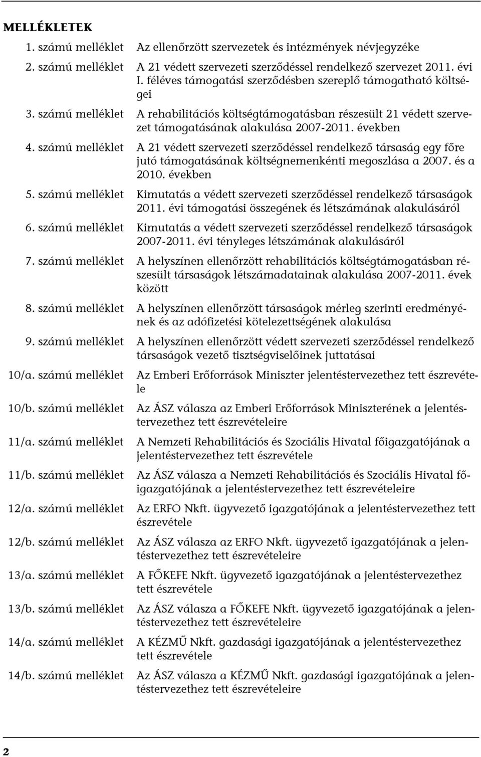 számú melléklet A 21 védett szervezeti szerződéssel rendelkező társaság egy főre jutó támogatásának költségnemenkénti megoszlása a 2007. és a 2010. években 5.