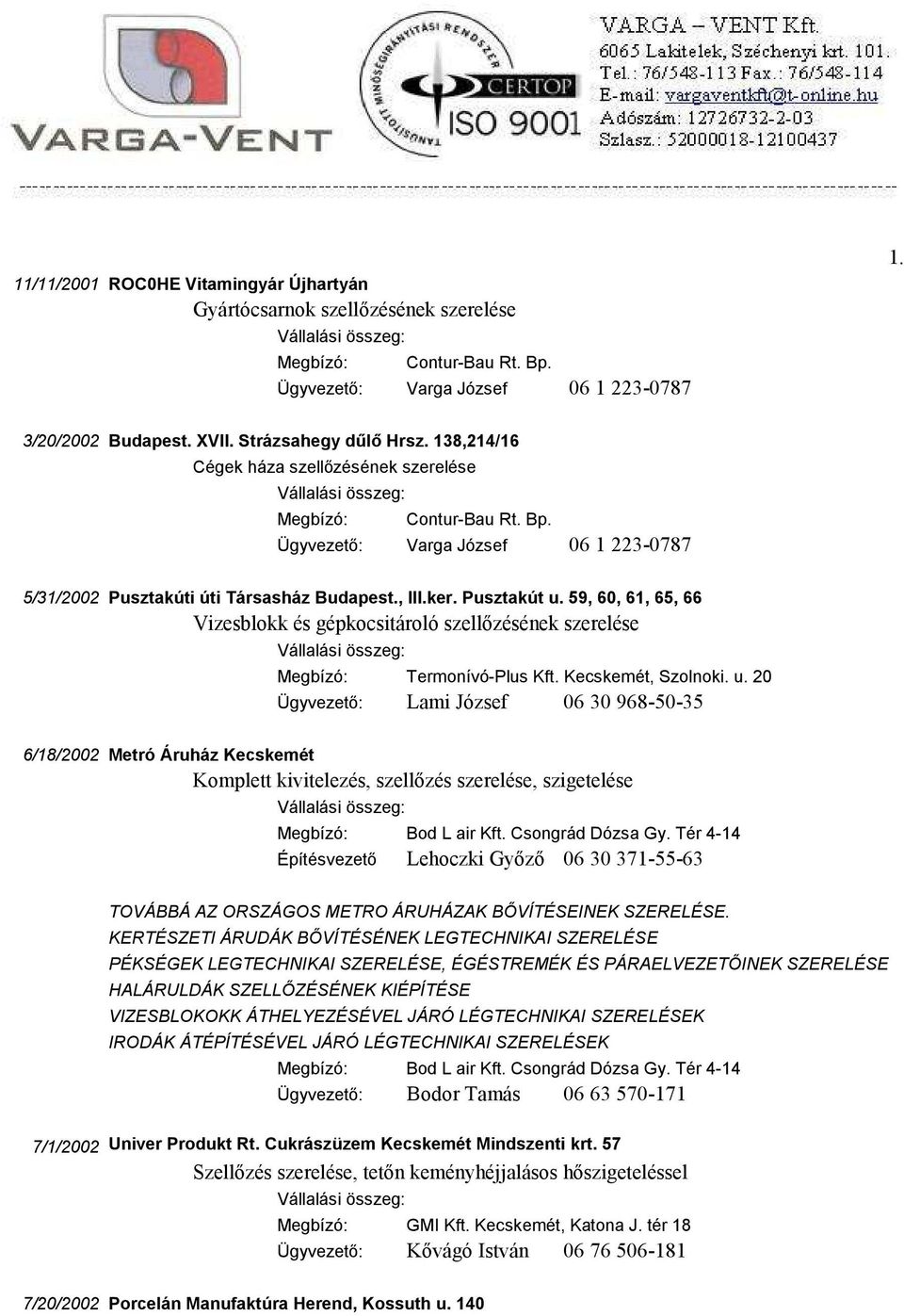 138,214/16 Cégek háza szellőzésének szerelése Megbízó: Contur-Bau Rt. Bp. Ügyvezető: Varga József 06 1 223-0787 5/31/2002 Pusztakúti úti Társasház Budapest., III.ker. Pusztakút u.