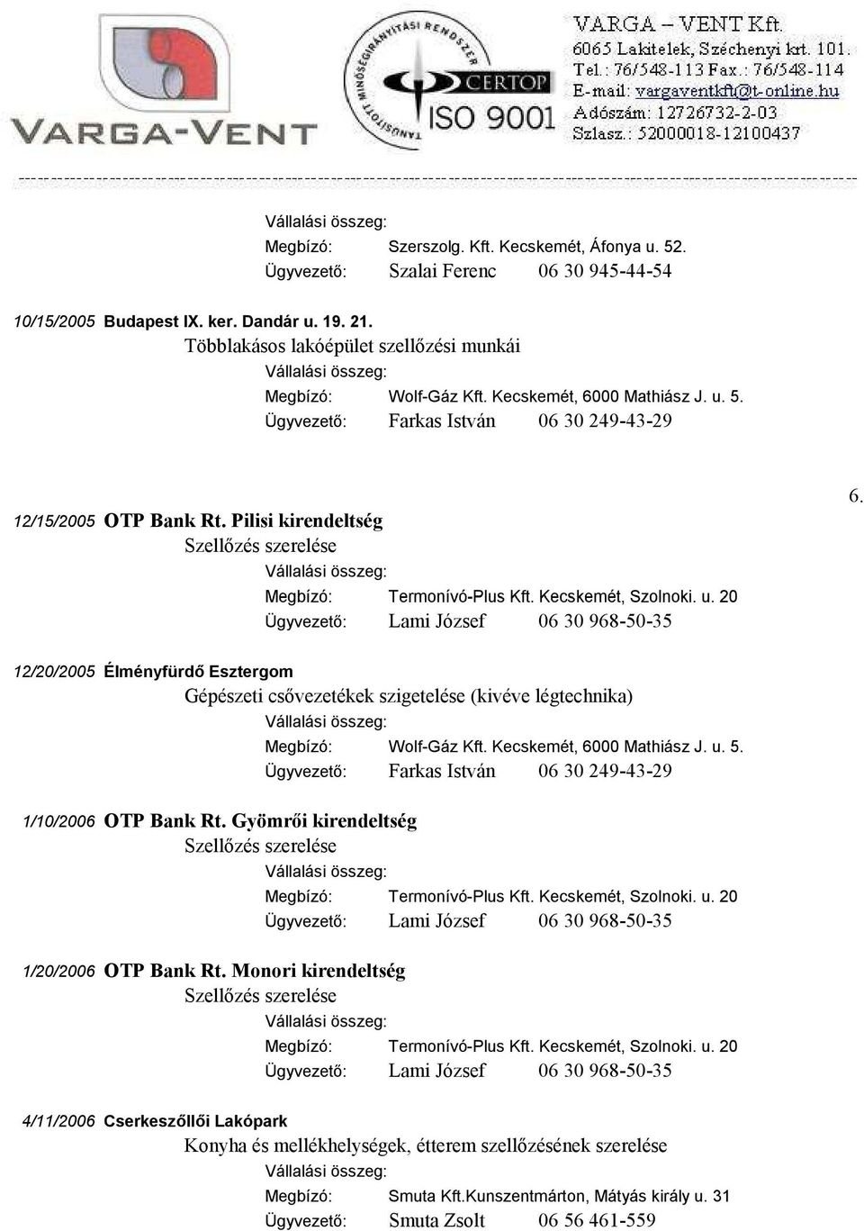 Ügyvezető: Farkas István 06 30 249-43-29 12/15/2005 OTP Bank Rt. Pilisi kirendeltség 6. 12/20/2005 Élményfürdő Esztergom Gépészeti csővezetékek szigetelése (kivéve légtechnika) 1/10/2006 OTP Bank Rt.