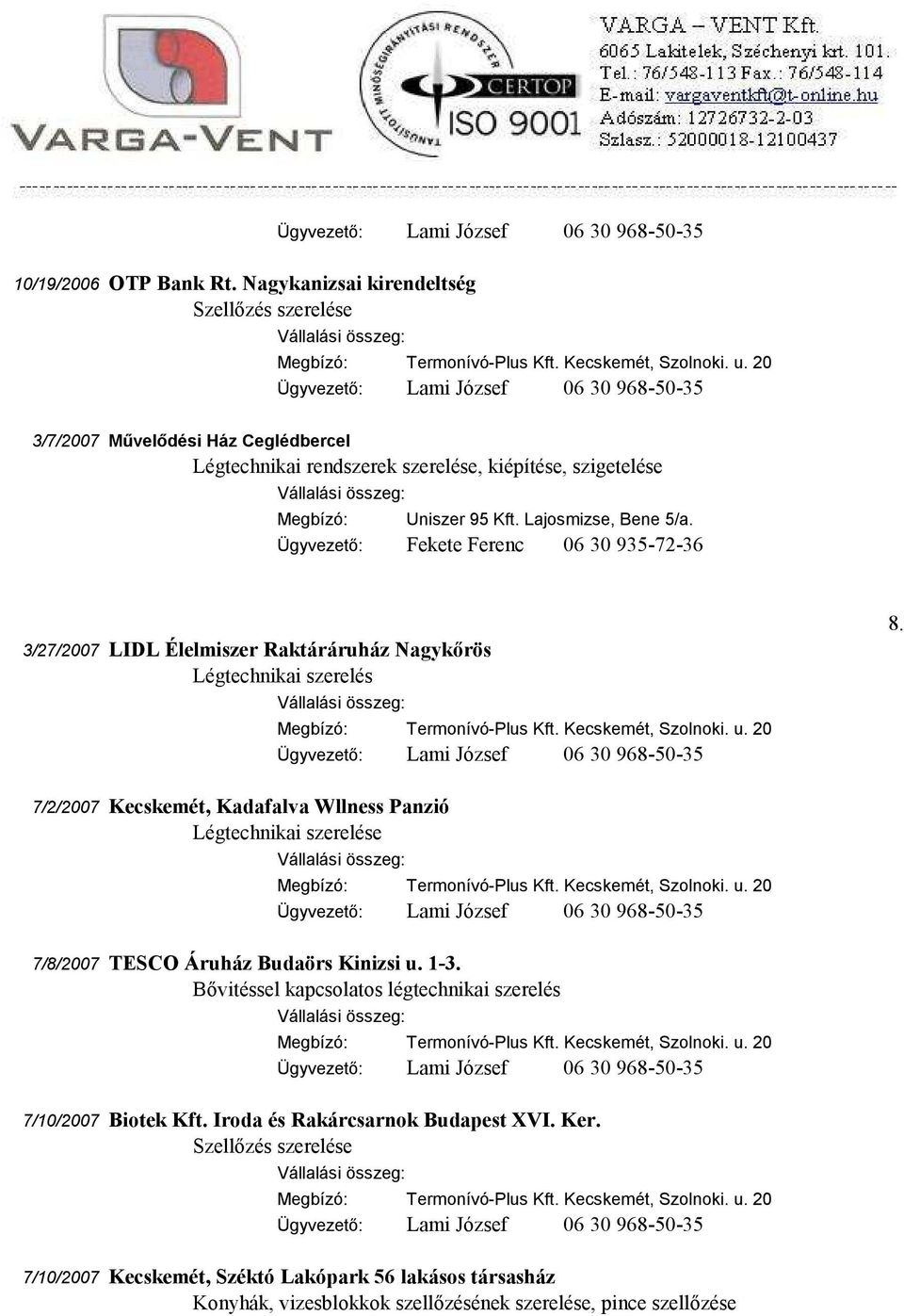 Ügyvezető: Fekete Ferenc 06 30 935-72-36 3/27/2007 LIDL Élelmiszer Raktáráruház Nagykőrös Légtechnikai szerelés 8.