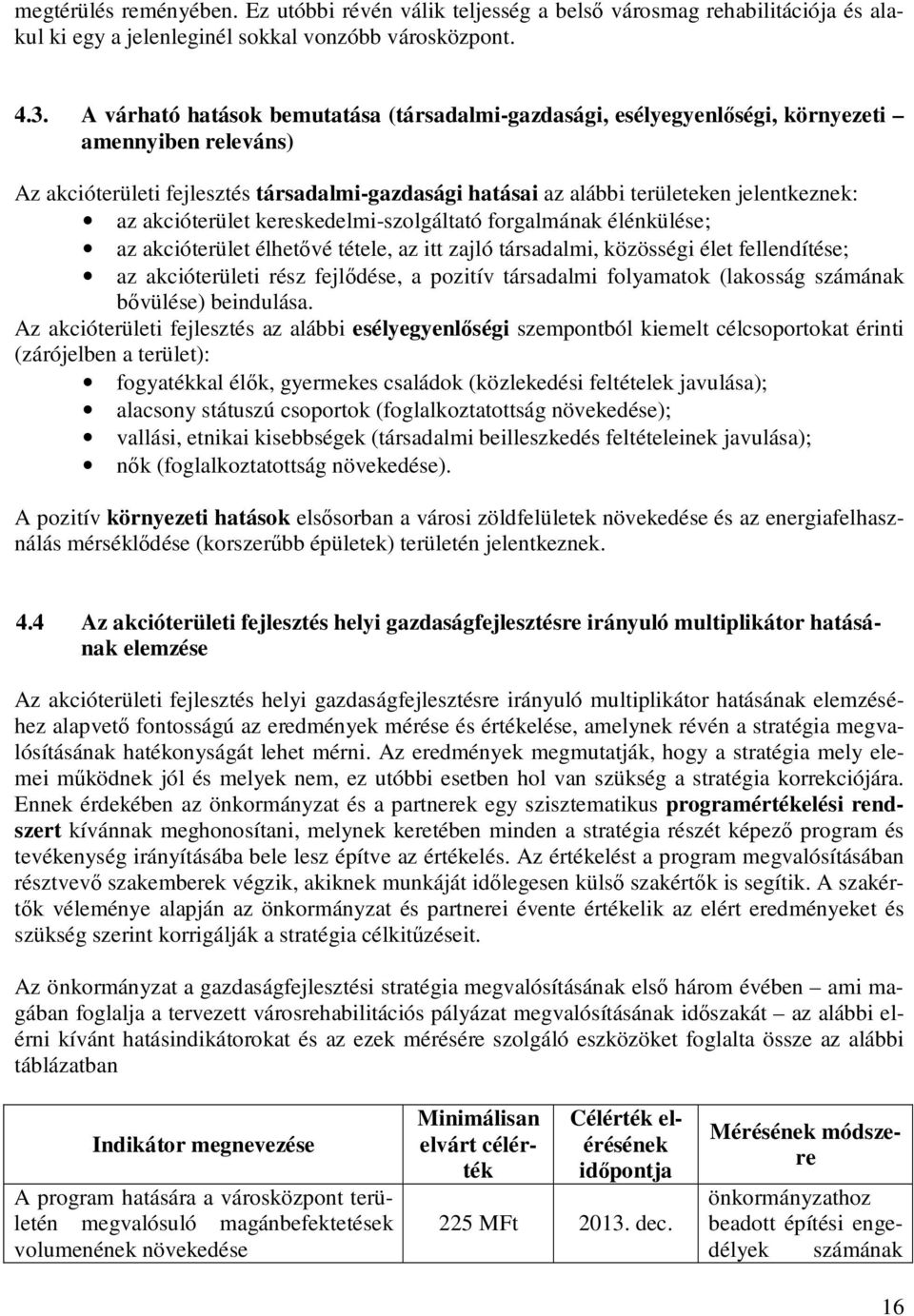 akcióterület kereskedelmi-szolgáltató forgalmának élénkülése; az akcióterület élhetővé tétele, az itt zajló társadalmi, közösségi élet fellendítése; az akcióterületi rész fejlődése, a pozitív