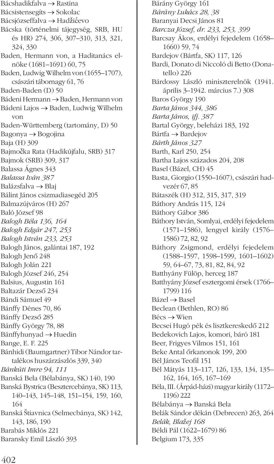 (tartomány, D) 50 Bagonya Bogojina Baja (H) 309 Bajmočka Rata (Hadikújfalu, SRB) 317 Bajmok (SRB) 309, 317 Balassa Ágnes 343 Balassa Iván 387 Balázsfalva Blaj Bálint János csizmadiasegéd 205