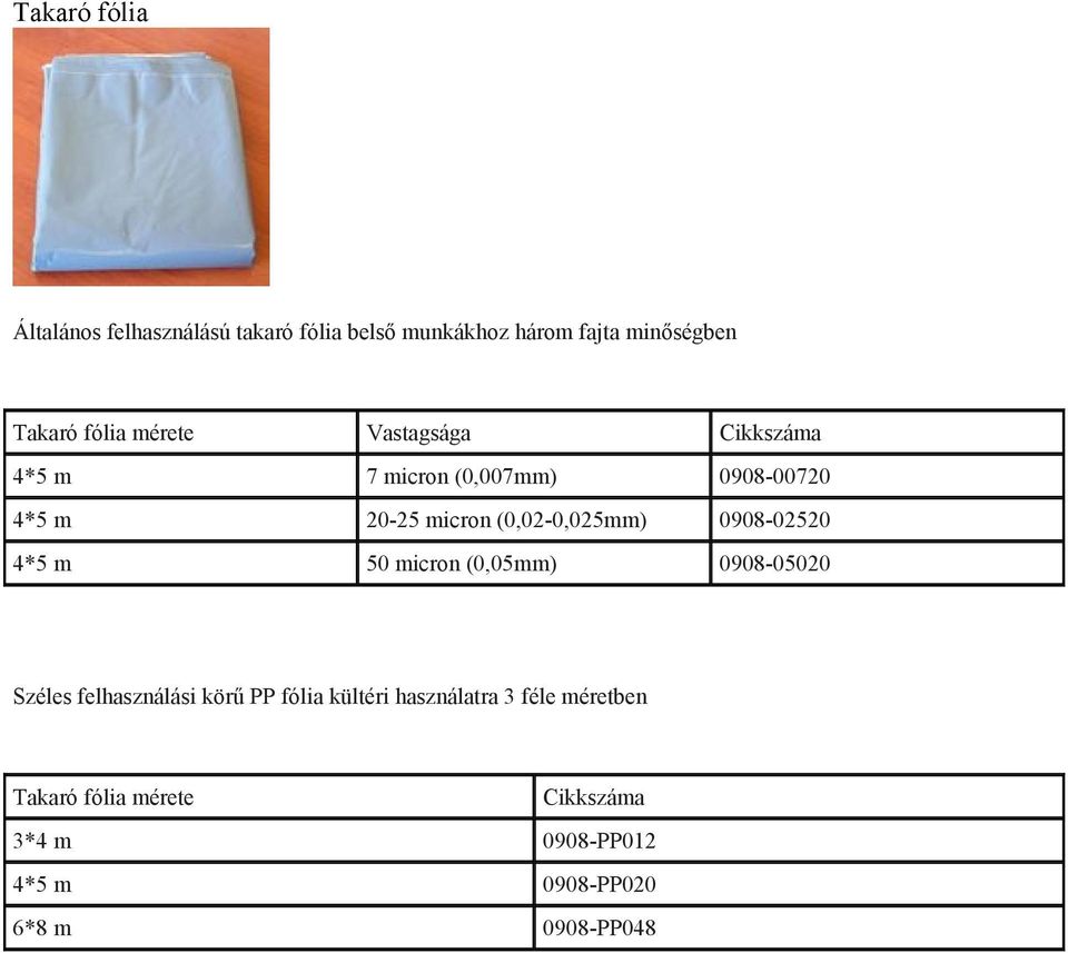 (0,02-0,025mm) 0908-02520 4*5 m 50 micron (0,05mm) 0908-05020 Széles felhasználási körű PP