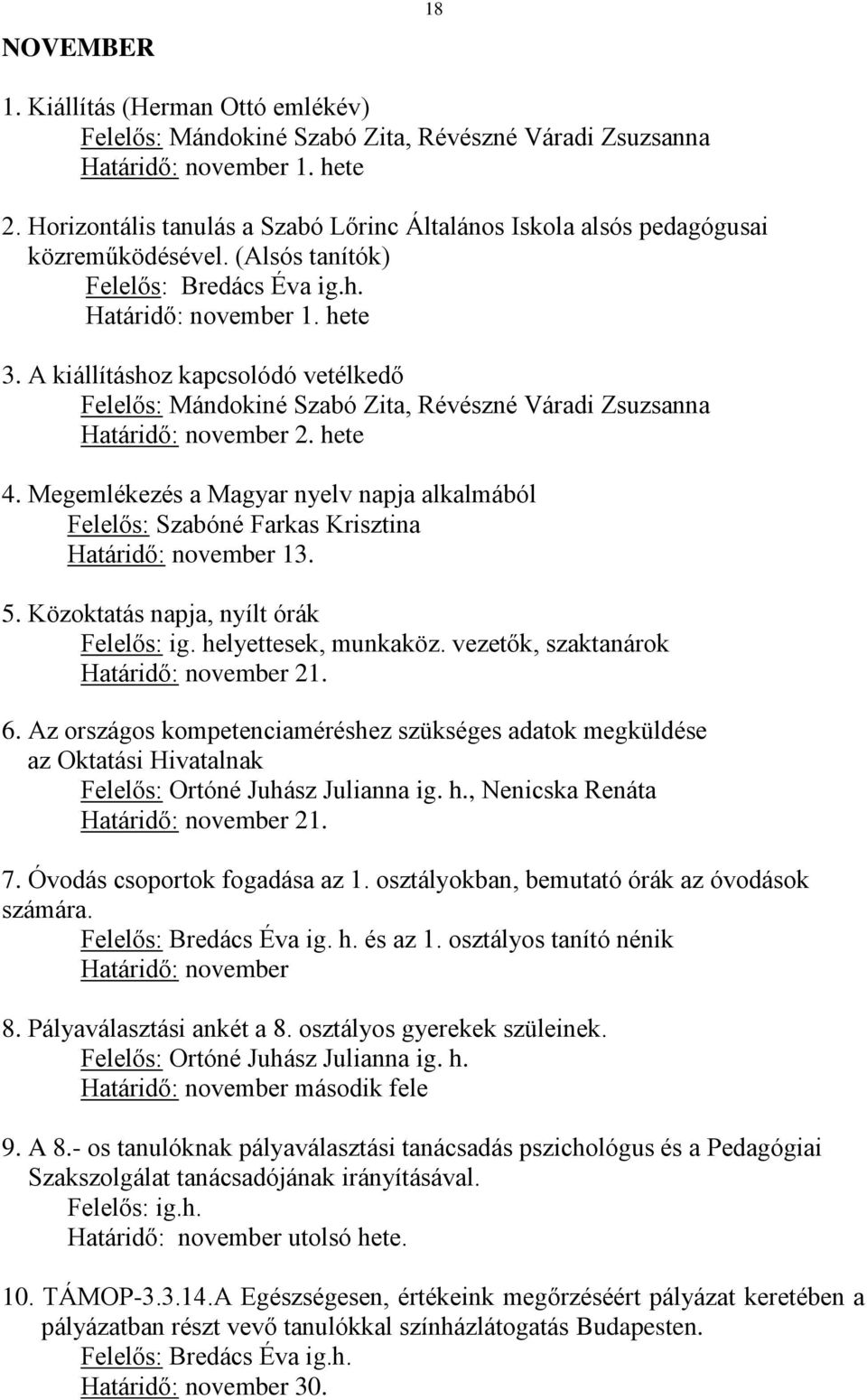 A kiállításhoz kapcsolódó vetélkedő Felelős: Mándokiné Szabó Zita, Révészné Váradi Zsuzsanna Határidő: november 2. hete 4.