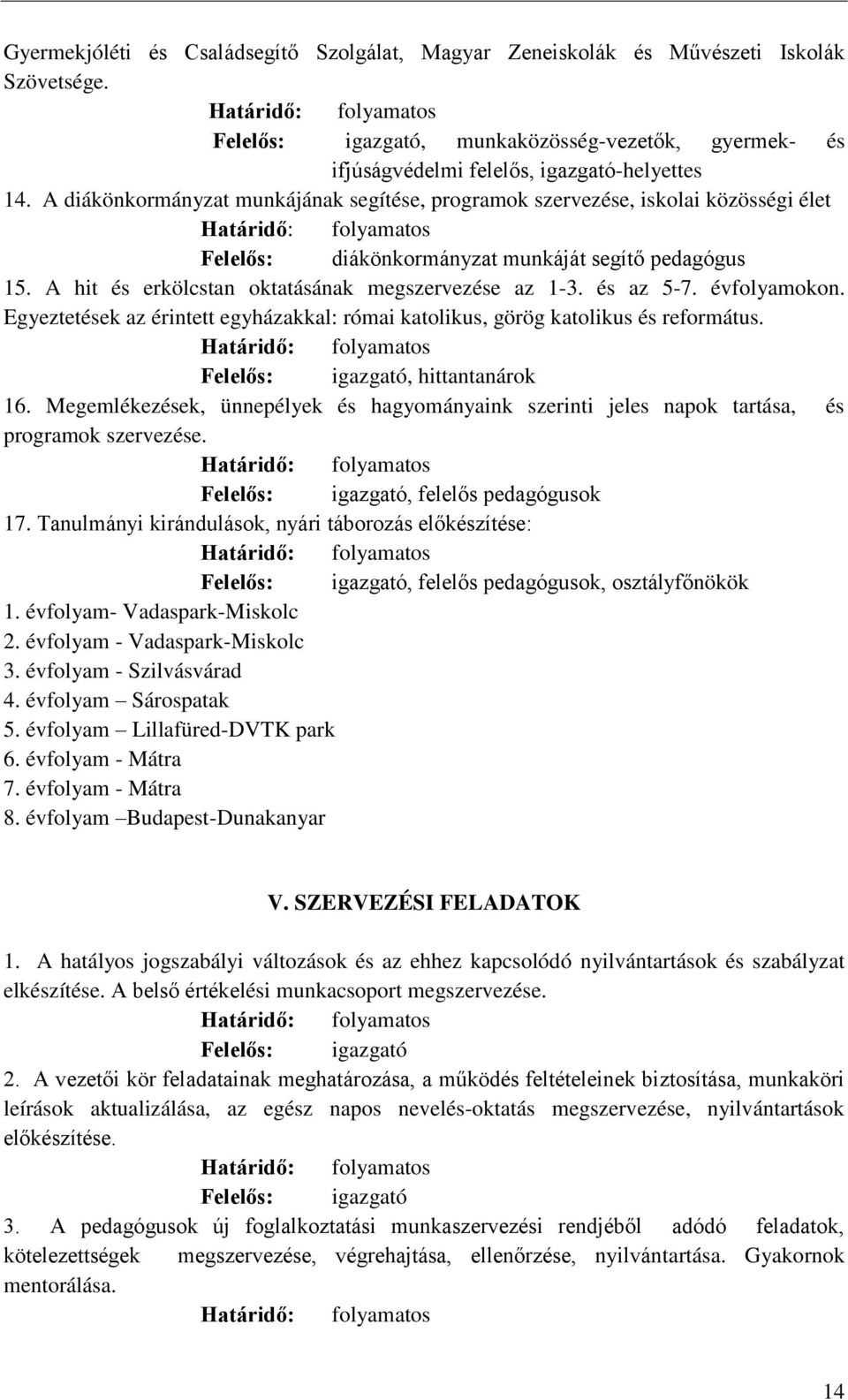 és az 5-7. évfolyamokon. Egyeztetések az érintett egyházakkal: római katolikus, görög katolikus és református. Felelős: igazgató, hittantanárok 16.