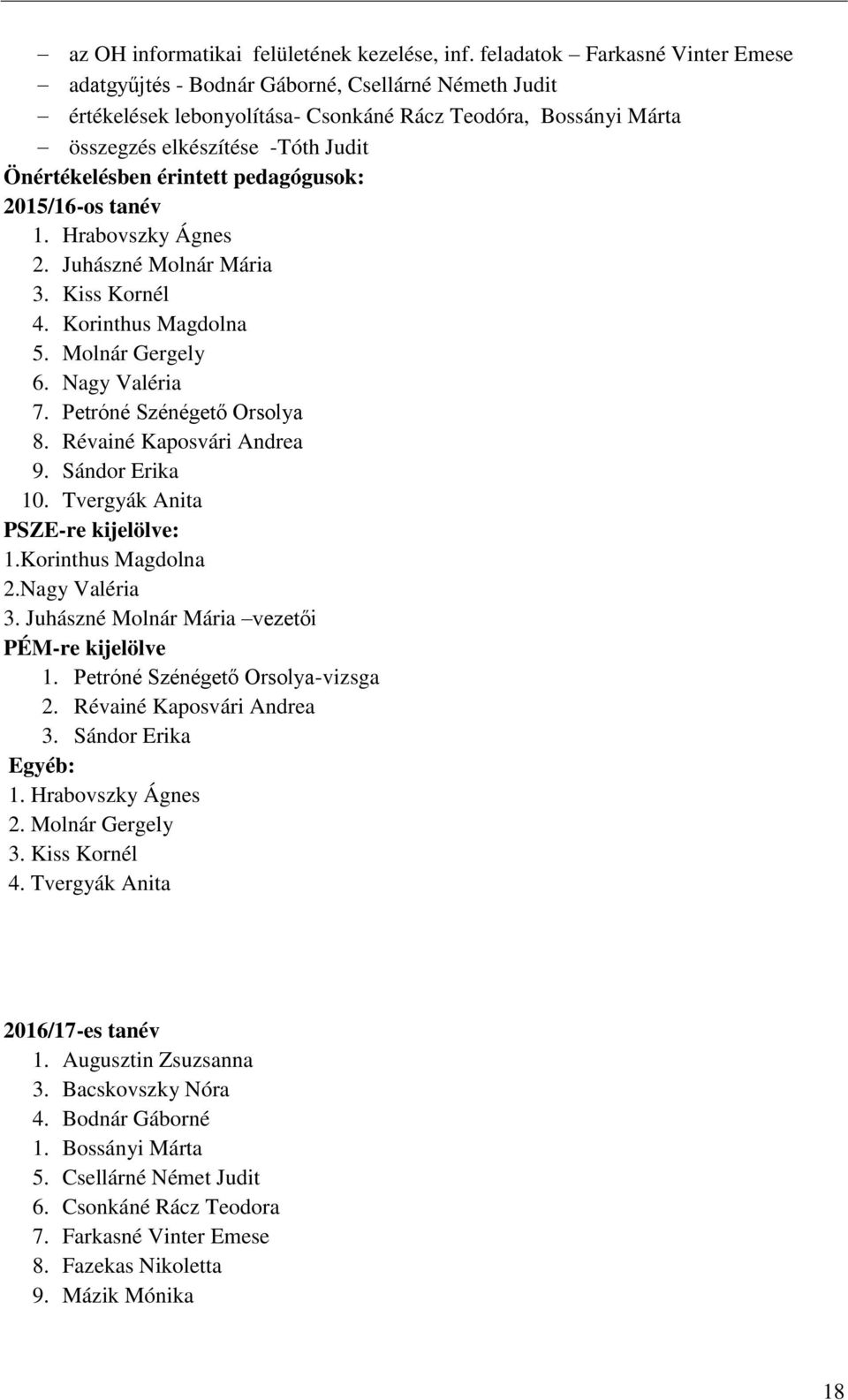 érintett pedagógusok: 2015/16-os tanév 1. Hrabovszky Ágnes 2. Juhászné Molnár Mária 3. Kiss Kornél 4. Korinthus Magdolna 5. Molnár Gergely 6. Nagy Valéria 7. Petróné Szénégető Orsolya 8.