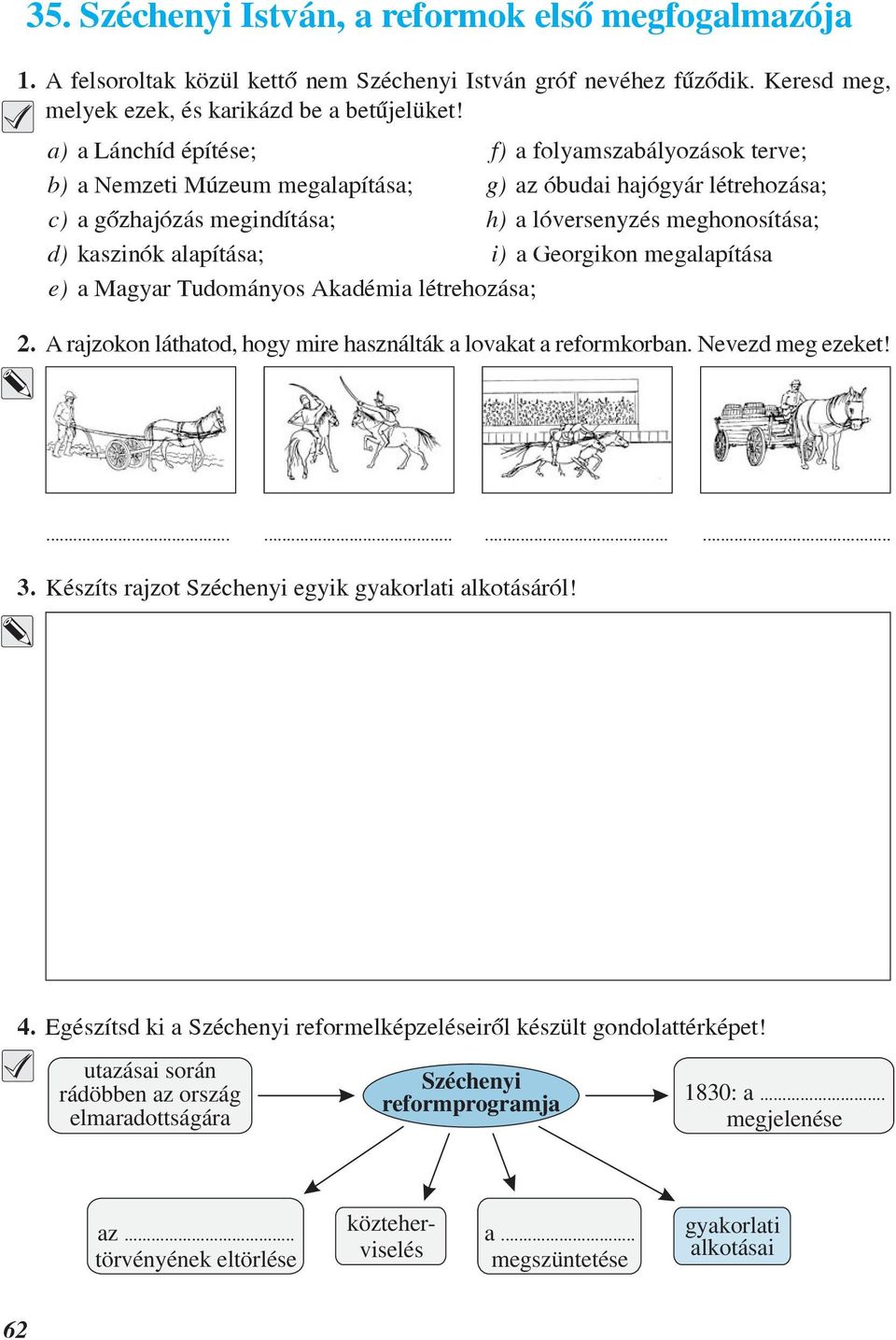 alapítása; i) a Georgikon megalapítása e) a Magyar Tudományos Akadémia létrehozása; 2. A rajzokon láthatod, hogy mire használták a lovakat a reformkorban. Nevezd meg ezeket!............ 3.