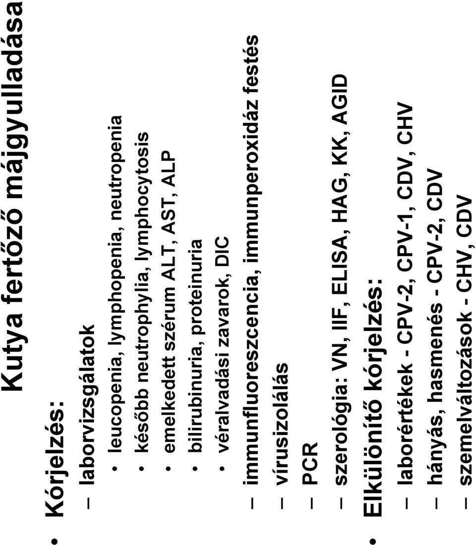 DIC immunfluoreszcencia, immunperoxidáz festés vírusizolálás PCR szerológia: VN, IIF, ELISA, HAG, KK, AGID