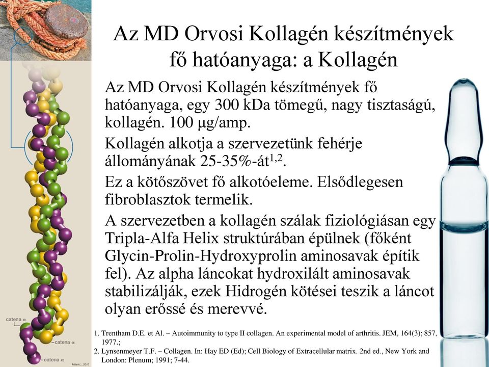 A szervezetben a kollagén szálak fiziológiásan egy Tripla-Alfa Helix struktúrában épülnek (főként Glycin-Prolin-Hydroxyprolin aminosavak építik fel).