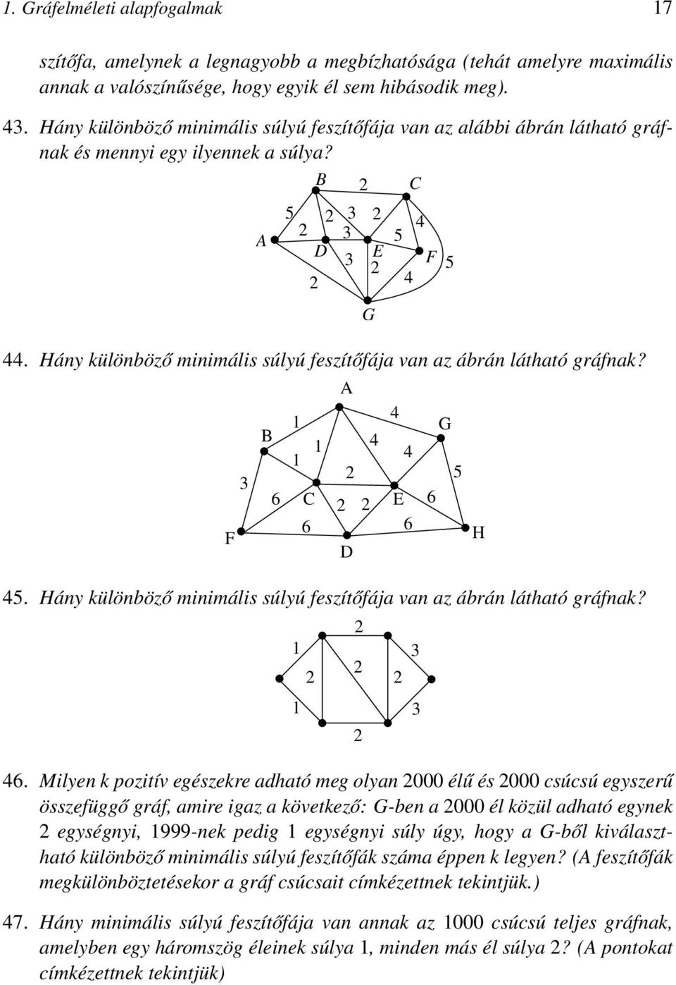 Hány különböző minimális súlyú feszítőfája van az ábrán látható gráfnak? F 3 B 6 1 1 C 6 G 4 1 4 4 45. Hány különböző minimális súlyú feszítőfája van az ábrán látható gráfnak? 1 1 46.