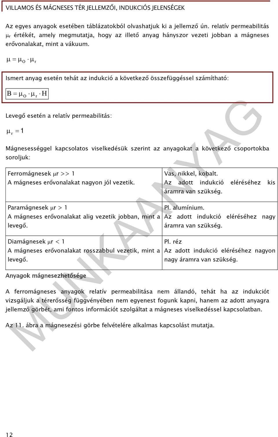 O r Ismert anyag esetén tehát az indukció a következő összefüggéssel számítható: B O r H Levegő esetén a relatív permeabilitás: r 1 Mágnesességgel kapcsolatos viselkedésük szerint az anyagokat a