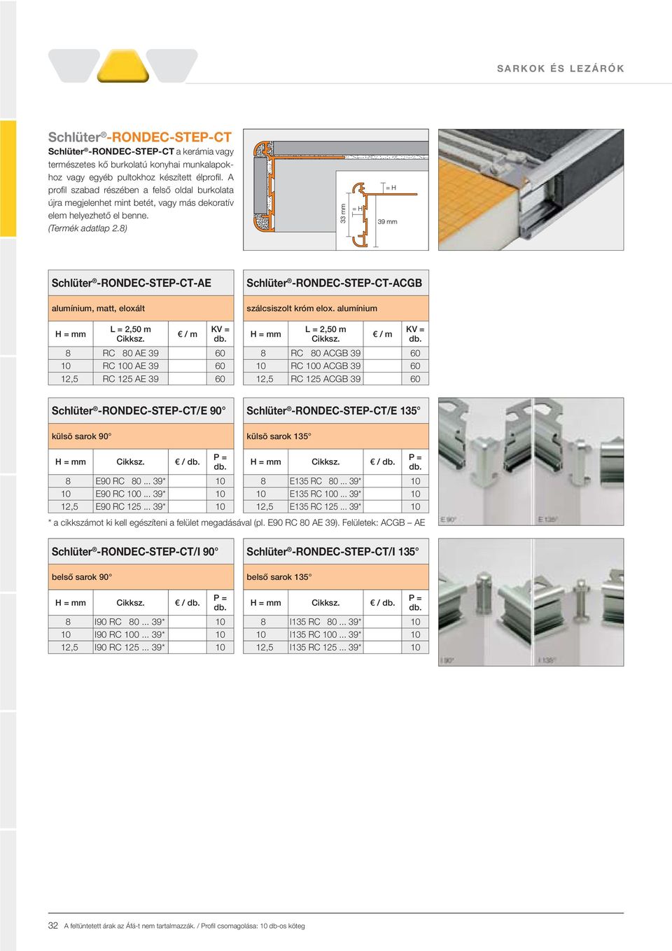 8) Schlüter -ONDEC-SEP-C-AE alumínium, matt, eloxált 8 C 80 AE 39 60 10 C 100 AE 39 60 12,5 C 125 AE 39 60 Schlüter -ONDEC-SEP-C-ACGB szálcsiszolt króm elox.