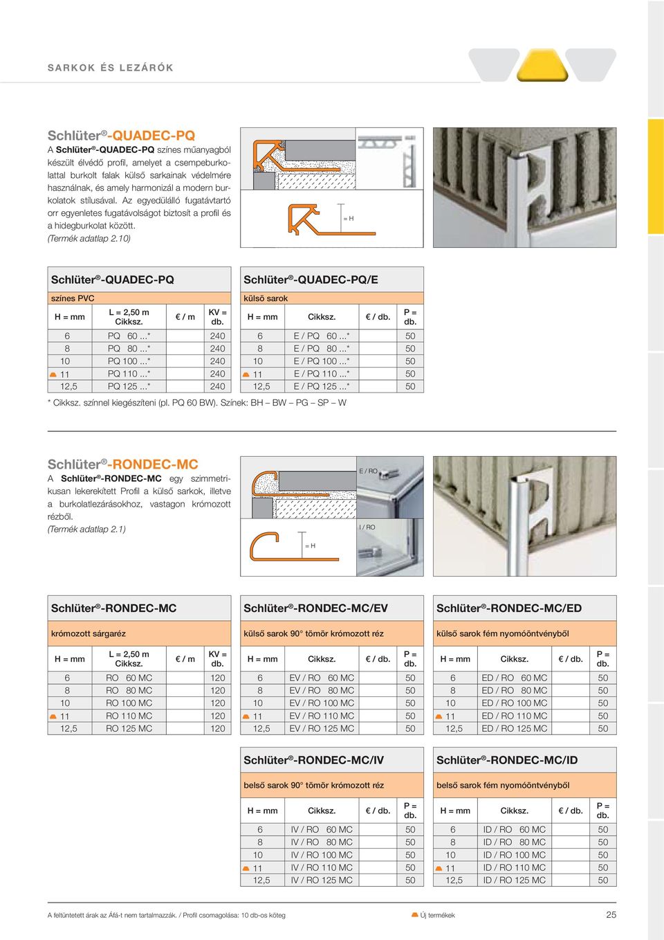 ..* 240 8 PQ 80...* 240 10 PQ 100...* 240 11 PQ 110...* 240 12,5 PQ 125...* 240 Schlüter -QUADEC-PQ/E külsö sarok / 6 E / PQ 60...* 50 8 E / PQ 80...* 50 10 E / PQ 100...* 50 11 E / PQ 110.