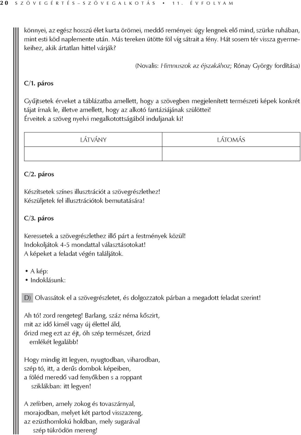 páros (Novalis: Himnuszok az éjszakához; Rónay György fordítása) Gyűjtsetek érveket a táblázatba amellett, hogy a szövegben megjelenített természeti képek konkrét tájat írnak le, illetve amellett,