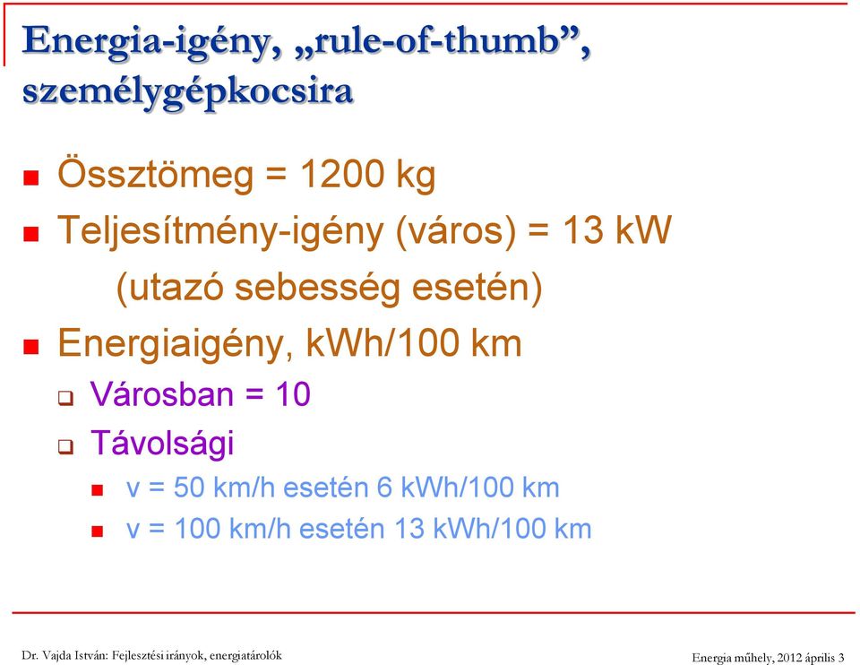 esetén) Energiaigény, kwh/100 km Városban = 10 Távolsági v =