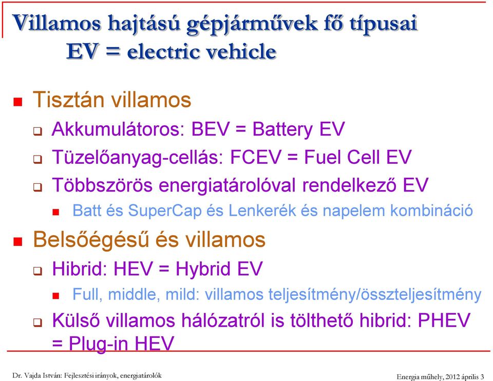SuperCap és Lenkerék és napelem kombináció Belsőégésű és villamos Hibrid: HEV = Hybrid EV Full, middle,