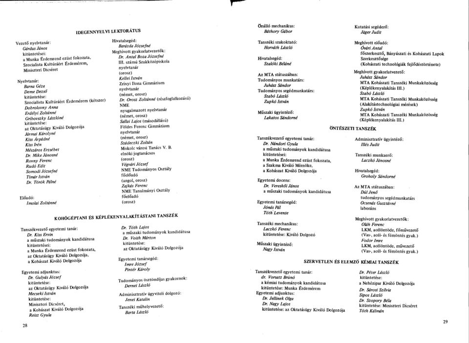 MikeJánosné Rovny Ferenc Rudó Edit Somodi Józsefné Tímár István Dr. Török Pálné Előadó: Imolái Zoltánné IDEGENNYELVI LEKTORÁTUS Hivatalsegéd: Barázda Józsefné Meghívott gyakorlatvezetők: Dr.