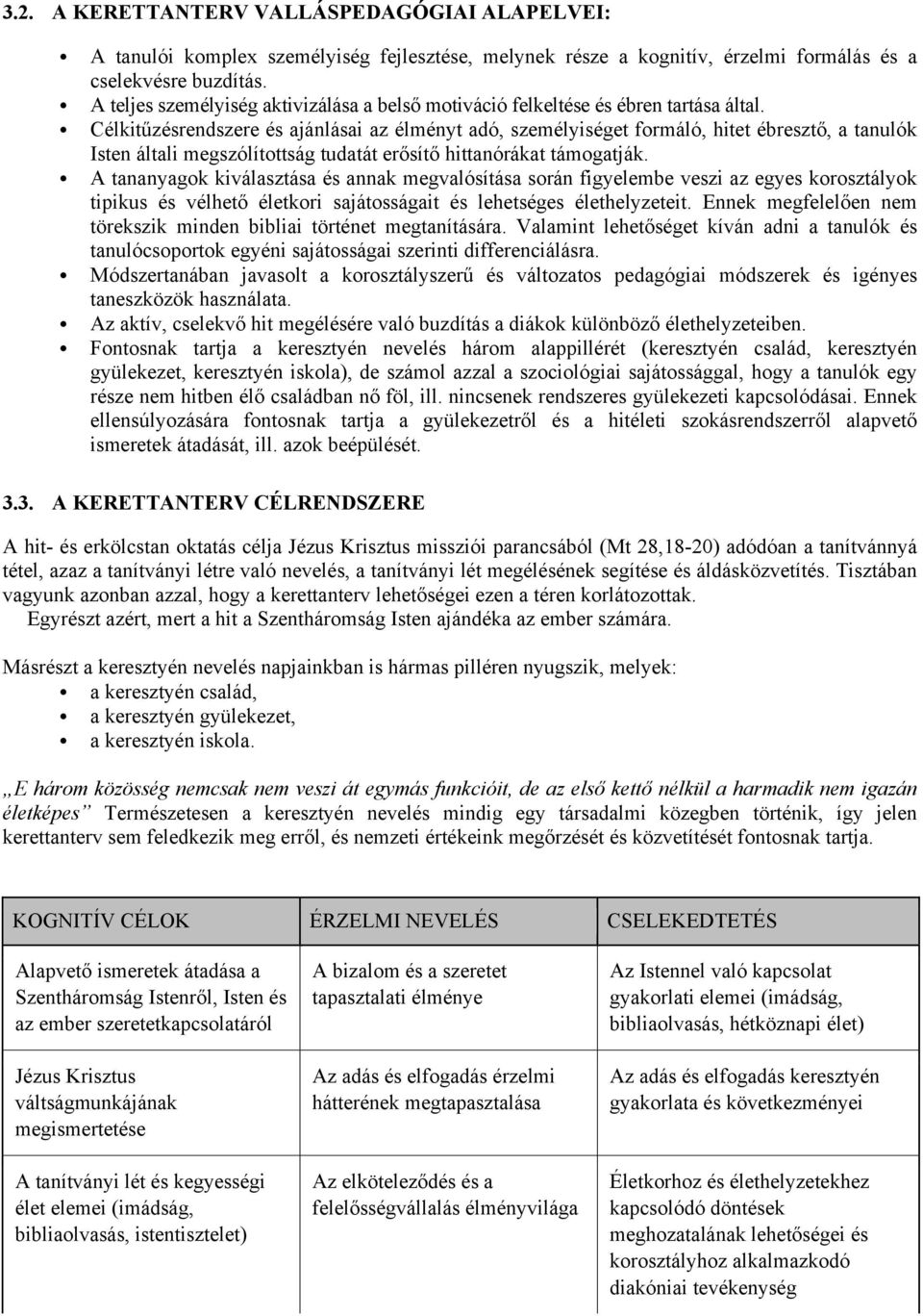 Célkitűzésrendszere és ajánlásai az élményt adó, személyiséget formáló, hitet ébresztő, a tanulók Isten általi megszólítottság tudatát erősítő hittanórákat támogatják.