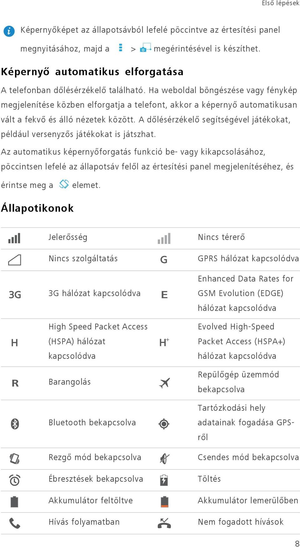 Ha weboldal böngészése vagy fénykép megjelenítése közben elforgatja a telefont, akkor a képernyő automatikusan vált a fekvő és álló nézetek között.