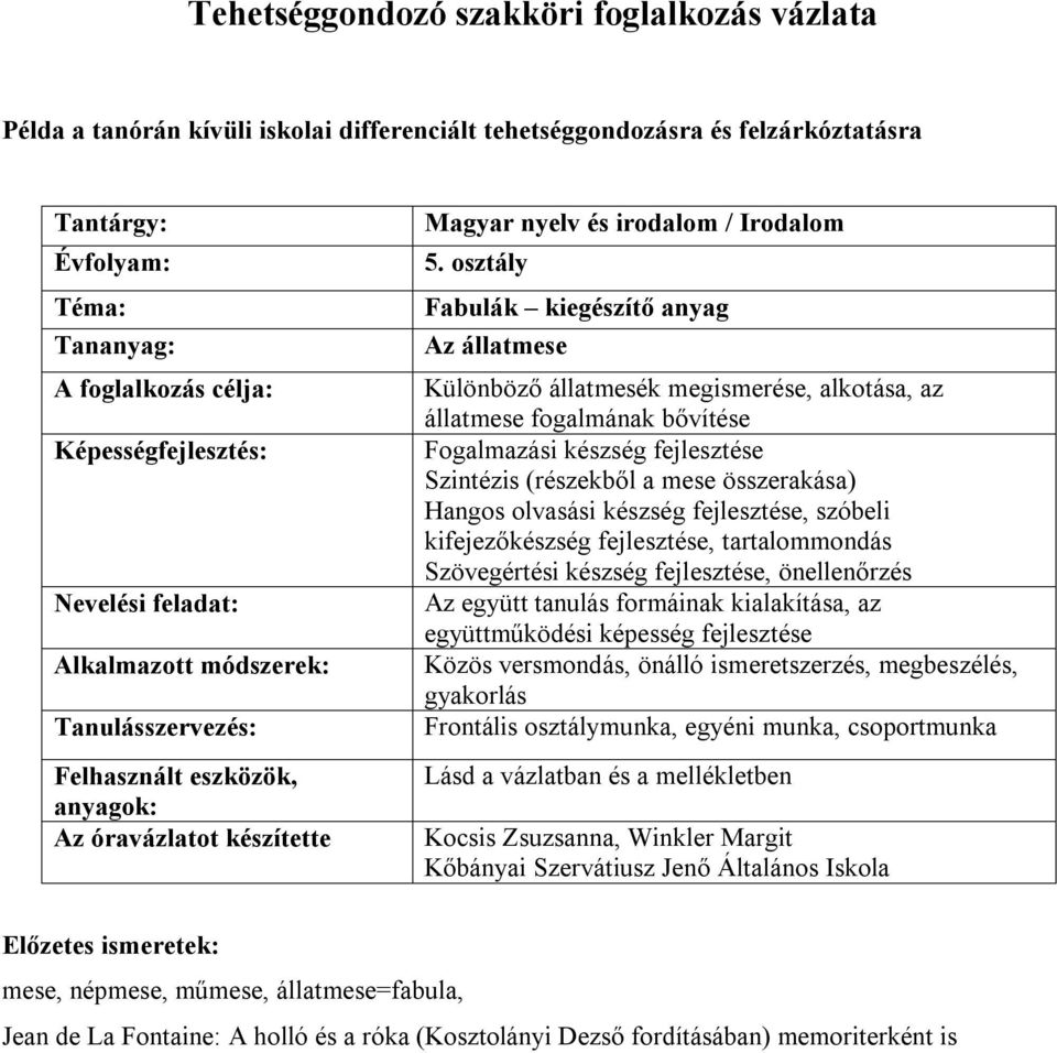 osztály Fabulák kiegészítő anyag Az állatmese Különböző állatmesék megismerése, alkotása, az állatmese fogalmának bővítése Fogalmazási készség fejlesztése Szintézis (részekből a mese összerakása)