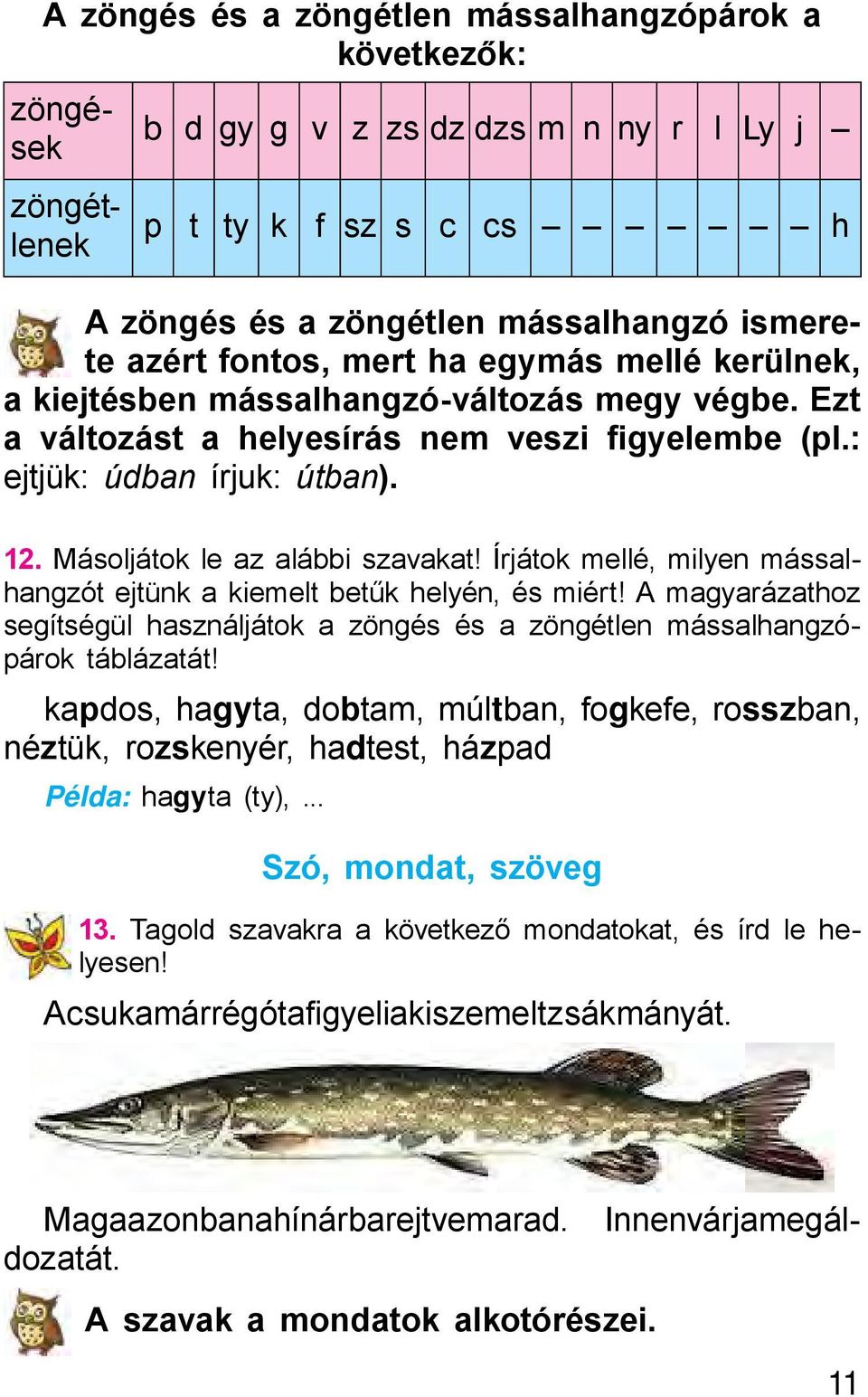 Írjátok mellé, milyen mássalhangzót ejtünk a kiemelt betűk helyén, és miért! A magyarázathoz segítségül használjátok a zöngés és a zöngétlen mássalhangzópárok táblázatát!