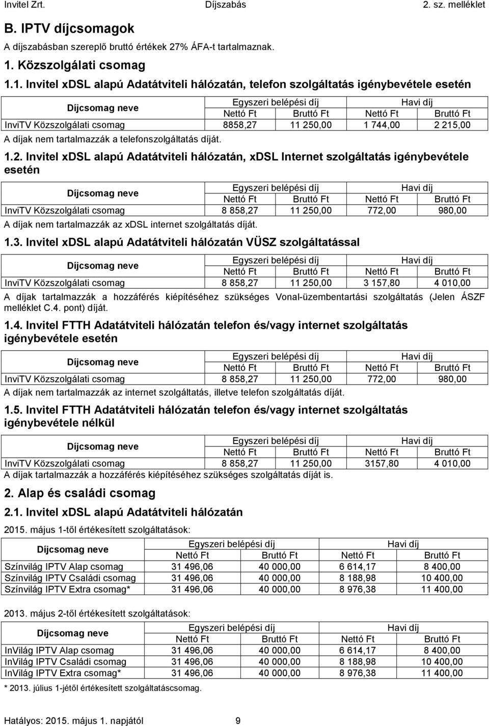 1. Invitel xdsl alapú Adatátviteli hálózatán, telefon szolgáltatás igénybevétele esetén Egyszeri belépési díj Havi díj Díjcsomag neve Nettó Ft Bruttó Ft Nettó Ft Bruttó Ft InviTV Közszolgálati csomag