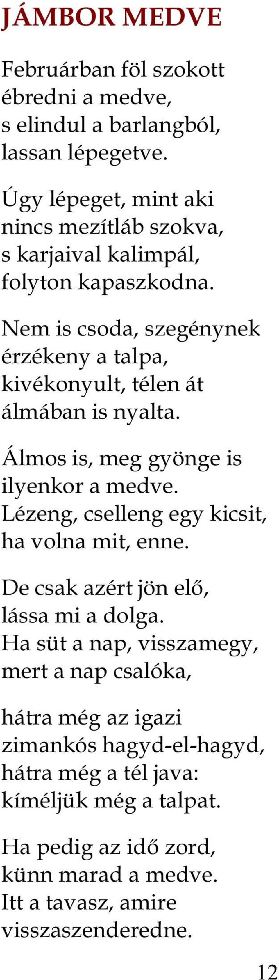 Nem is csoda, szegénynek érzékeny a talpa, kivékonyult, télen át álmában is nyalta. Álmos is, meg gyönge is ilyenkor a medve.