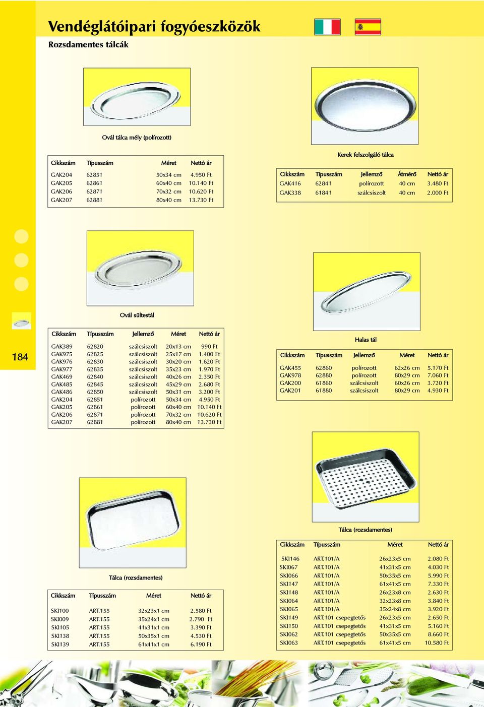 000 Ft Ovál sültestál 184 Cikkszám Típusszám Jellemzõ Méret Nettó ár GAK389 62820 szálcsiszolt 20x13 cm 990 Ft GAK975 62825 szálcsiszolt 25x17 cm 1.400 Ft GAK976 62830 szálcsiszolt 30x20 cm 1.