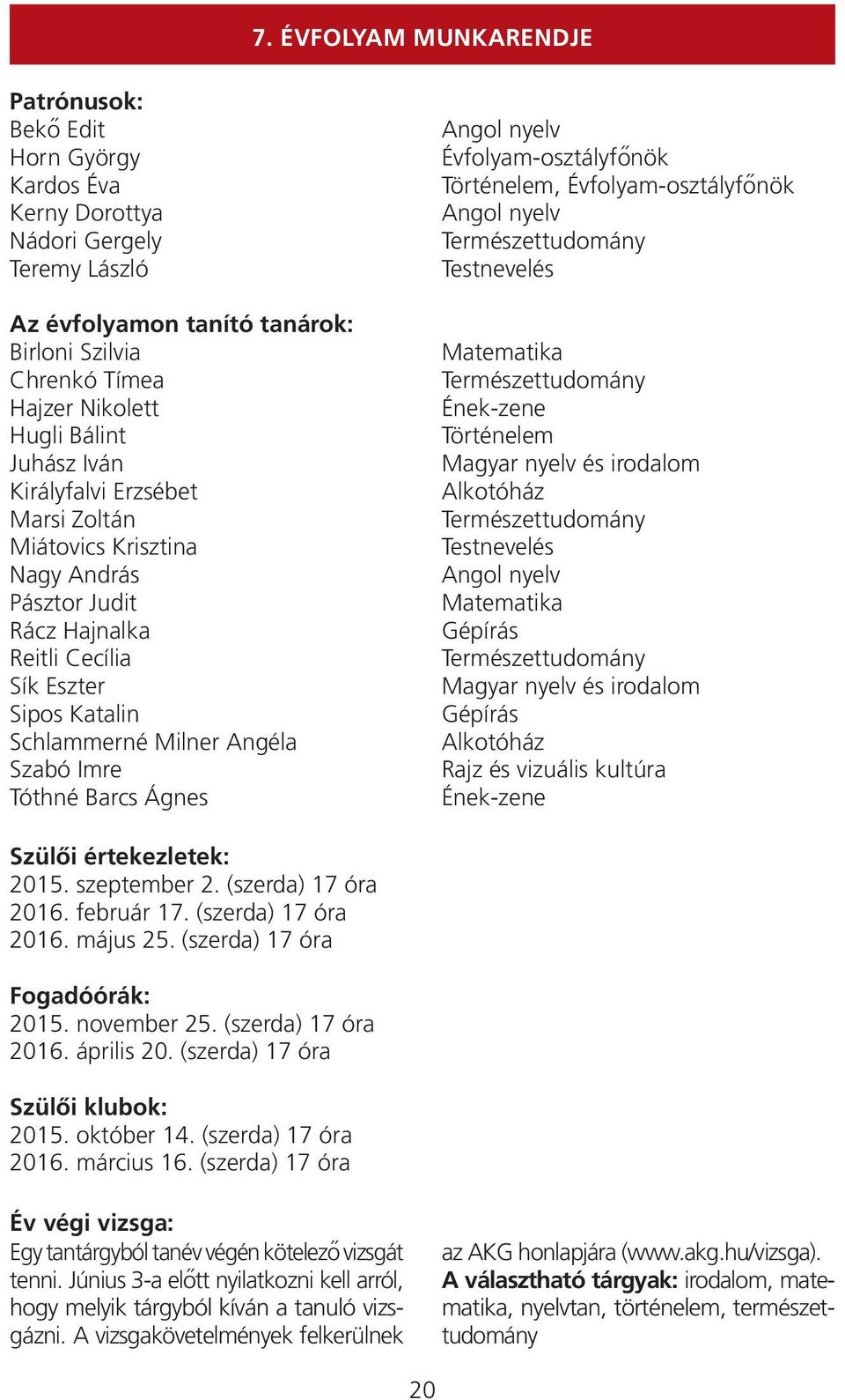 Barcs Ágnes Angol nyelv Évfolyam-osztályfőnök Történelem, Évfolyam-osztályfőnök Angol nyelv Természettudomány Testnevelés Matematika Természettudomány Ének-zene Történelem Magyar nyelv és irodalom