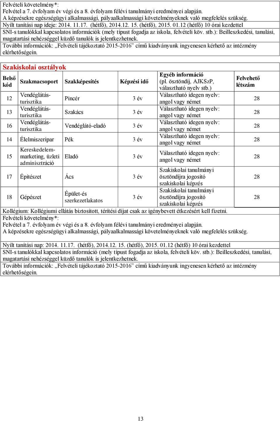 12 (hétfő) 10 órai kezdettel SNI-s tanulókkal kapcsolatos információk (mely típust fogadja az iskola, felvételi köv. stb.