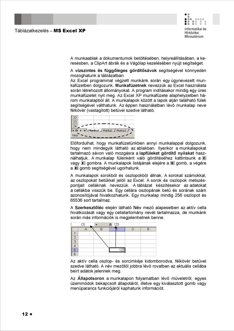 Munkafüzetnek nevezzük az Excel használata során létrehozott állományokat. A program indításakor mindig egy üres munkafüzetet nyit meg. Az Excel XP munkafüzete alaphelyzetben három munkalapból áll.