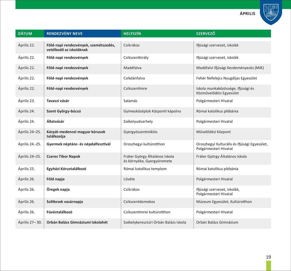 Föld-napi rendezvények Csíkdánfalva Fehér Nefelejcs Nyugdíjas Egyesület Április 22. Föld-napi rendezvények Csíkszentimre Iskola munkaközössége, Ifjúsági és Közművelődési Egyesület Április 23.